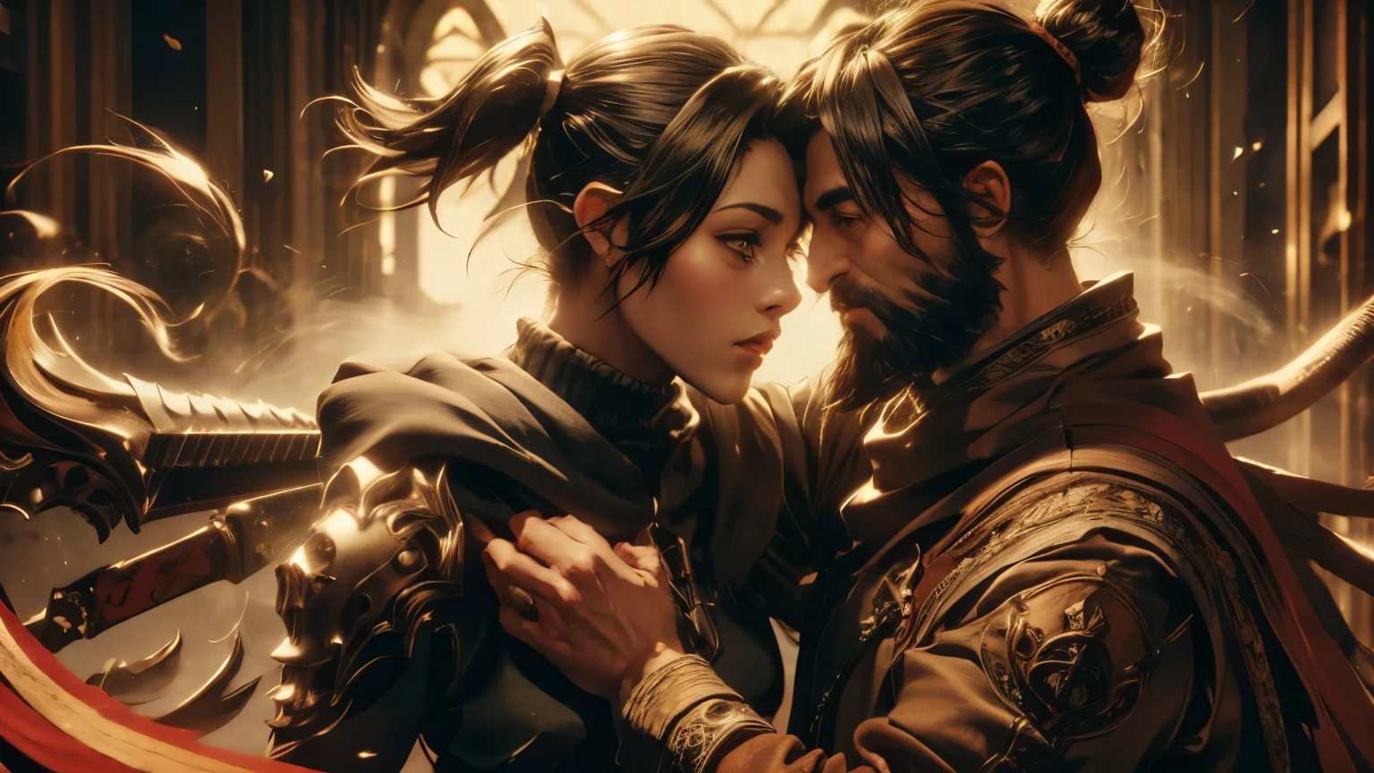 ((best quality)), (high detail), (original art), (1man), (1woman), (close up), (headshot), rugged face, 4 man with extremely short black hair and full thick beard, dark brown eyes, very intense gaze in his eyes, holding a woman with (blond hair) and brown eyes, (beautiful woman), embers of fire in the air, warrior spirit, HDR, 3D, digital art style.