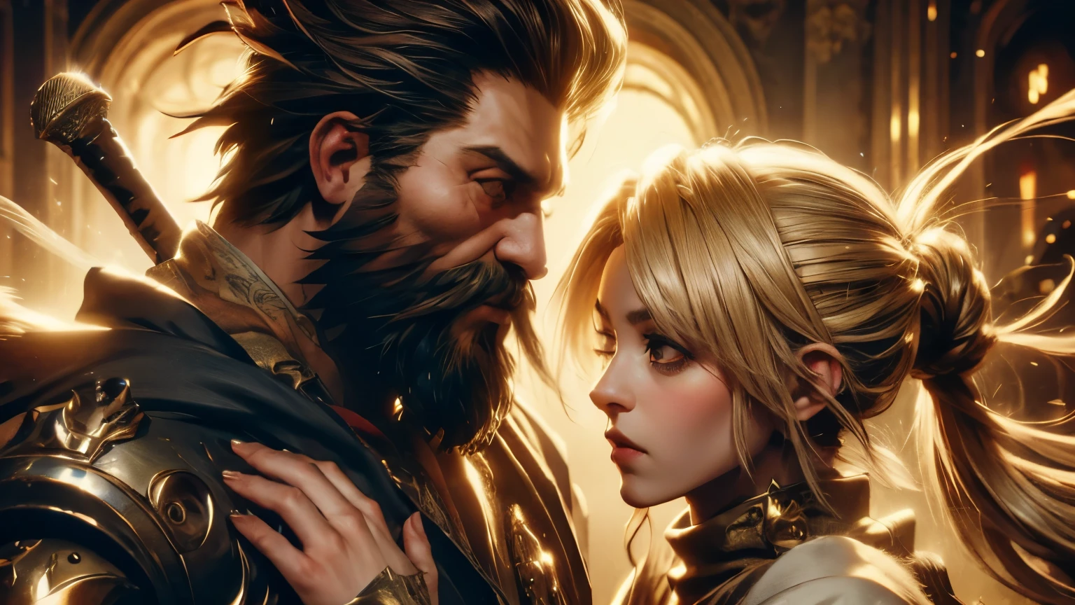 ((best quality)), (high detail), (original art), (1man), (1woman), (close up), (headshot), rugged face, 4 man with extremely short black hair and full thick beard, dark brown eyes, very intense gaze in his eyes, holding a woman with (blond hair) and brown eyes, (beautiful woman), embers of fire in the air, warrior spirit, HDR, 3D, digital art style.