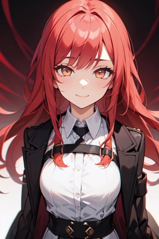 1 girl, woman, alone, long hair, big hair, (amount:1.2),, yellow eyes, ((bright red hair)), medium breasts, devilish smile, smug, evil smile, gray hair, (overcoat, black coat, open coat:1.2), white shirt, collared shirt, (chest harness, shoulder strap:1.15), black leather shorts, garter belt, lower globe rom), elegant, looking at the viewer, Are standing, chromatic aberration,, A masterpiece of just a face, highest quality, 4K