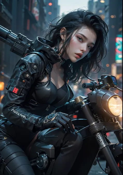 Huntress riding a high-tech motorcycle, Shoot high-tech artillery, Sparks from the gun, (1 female, brown eyes, white skin, Twin-...