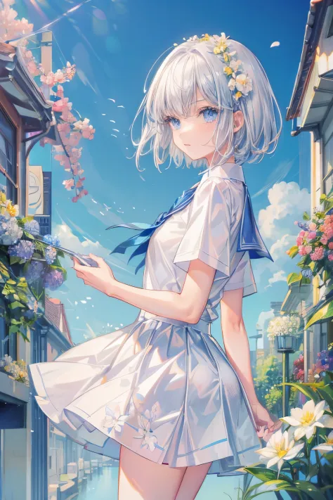 1 girl，(white) short hair，blue eyes，school uniforms，small breast，thin and small，flowers

