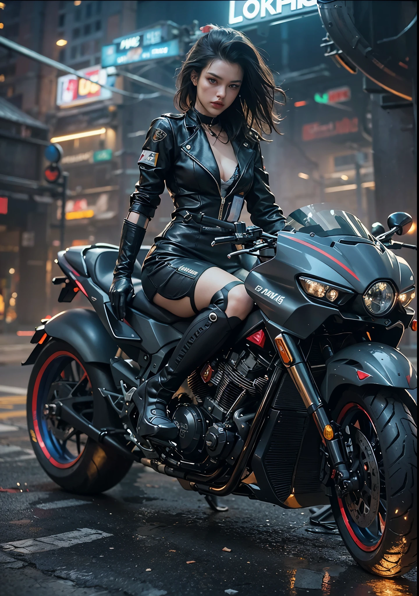 Huntress riding a high-tech motorcycle, Shoot high-tech artillery, Sparks from the gun, (1 female, brown eyes, white skin, Twin-tailed black hair, choker, small breasts, skinny, lip whole, compensate, eyeliner, Russia), Wearing black one-piece leather armor, Long leather gloves, long Leather boots, In a cyberpunk town at night,  (cyberpunk theme), (masterpiece, highest quality, 8K, sharp focus, Depth of bounds written, best shadows, perfect light, HDR, realistic skin texture, Ultra-detailed and detailed background), wide shot