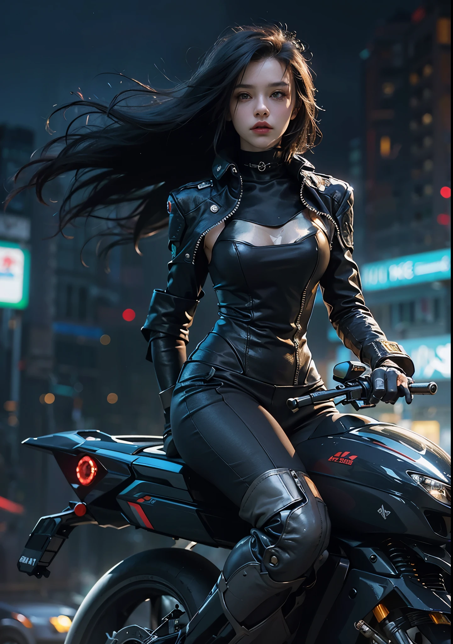 Huntress riding a high-tech motorcycle, Shoot high-tech artillery, Sparks from the gun, (1 female, brown eyes, white skin, Twin-tailed black hair, choker, small breasts, skinny, lip whole, compensate, eyeliner, Russia), Wearing black one-piece leather armor, Long leather gloves, long Leather boots, In a cyberpunk town at night,  (cyberpunk theme), (masterpiece, highest quality, 8K, sharp focus, Depth of bounds written, best shadows, perfect light, HDR, realistic skin texture, Ultra-detailed and detailed background), wide shot