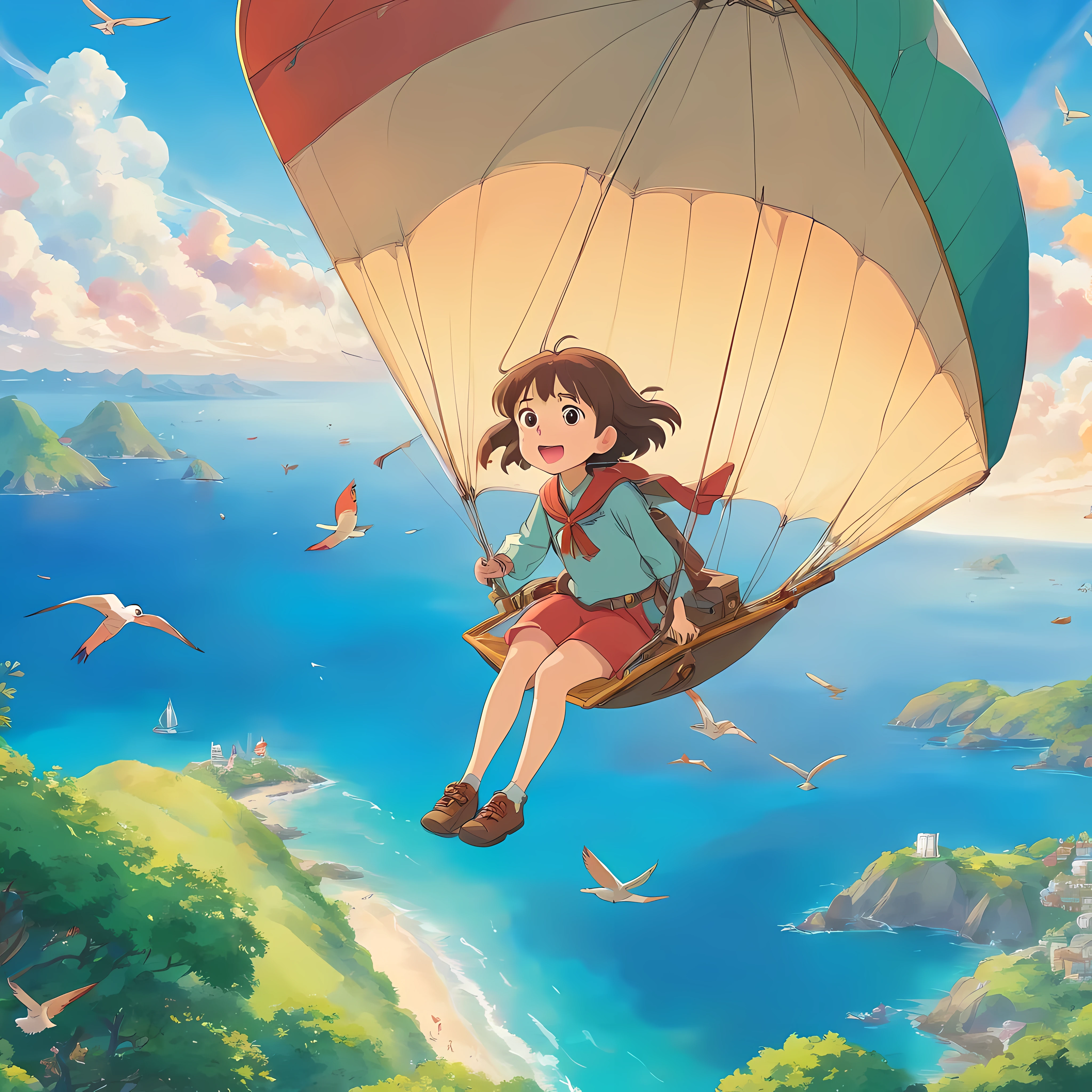 a cute happy adventure girl flies in a beautiful sky with a hang glider with many birds around, sea and islands on the backgrounf. 
