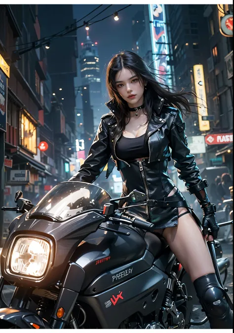 Huntress riding a high-tech motorcycle, Shoot high-tech cannons, Sparks from guns, (1 female, brown eyes, white skin, Twin-taile...