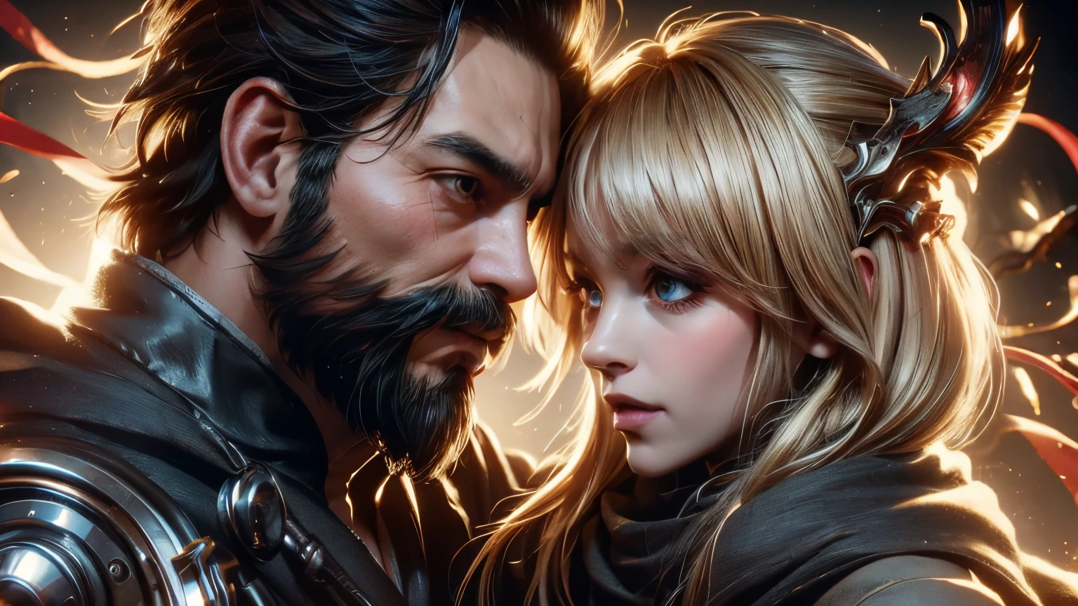 ((best quality)), (high detail), (original art), (1man), (1woman), (close up), (headshot), rugged face, 4 man with extremely short black hair and full thick beard, dark brown eyes, very intense gaze in his eyes, holding a woman with blond hair and brown eyes, (beautiful woman), embers of fire in the air, warrior spirit, HDR, 3D, digital art style.