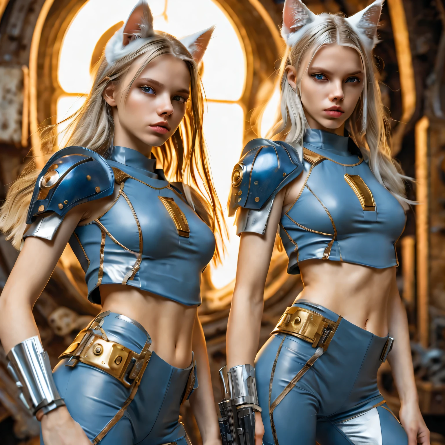 Two 13 year old Female warrior monks, Perfect likeness of SandraOv4, Blue and gold short-sleeved shirt match, clothes torn, hand-held large, state-of-the-art sci fi firearm, Stand against a vintage sci-fi background. The artwork was inspired by Moebius and Ashley Wood...  , twins, Blond hair grey-blue eyes,  cyberpunk steel armor, they are wearing white cats ears. 13 year old girls,  slim petite,  small girls,  huge breasts, Raw skin is exposed in cleavage, . Masterpiece,  8k,  4k,  high resolution,  dslr,  ultra quality,  sharp focus,  crystal clear,  8K UHD,  beautiful eyes,  high detailed skin,  skin pores,  seductive,  beautiful long hair,  big eyes with large iris,  full lips,  long legs short torso body type,  lovely face wearing torn vaultsuit clothes. , realistic colors, , realistic colors, realistic, photorealistic, NSFW, 