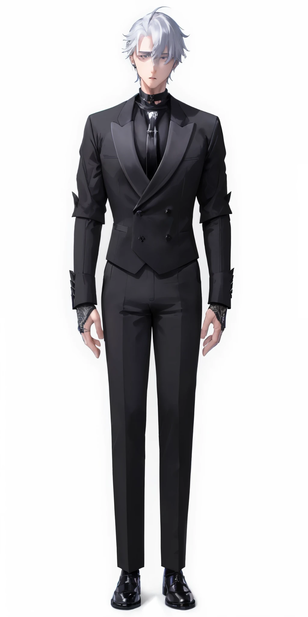 anime character dressed in black suit and tie with white hair, !!full body portrait!!, slender man, man in black suit, wearing a black suit, single character full body, dark suit, wearing black suit, in a black suit, fullbody portrait, tall anime guy with blue eyes, formal black suit. detailed, full body single character,hd quality 