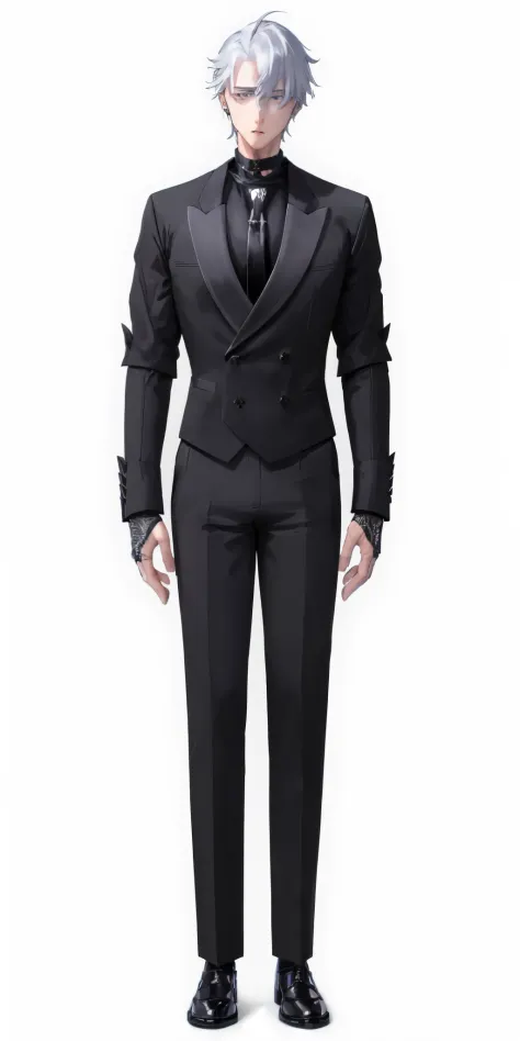 anime character dressed in black suit and tie with white hair, !!full body portrait!!, slender man, man in black suit, wearing a black suit, single character full body, dark suit, wearing black suit, in a black suit, fullbody portrait, tall anime guy with ...