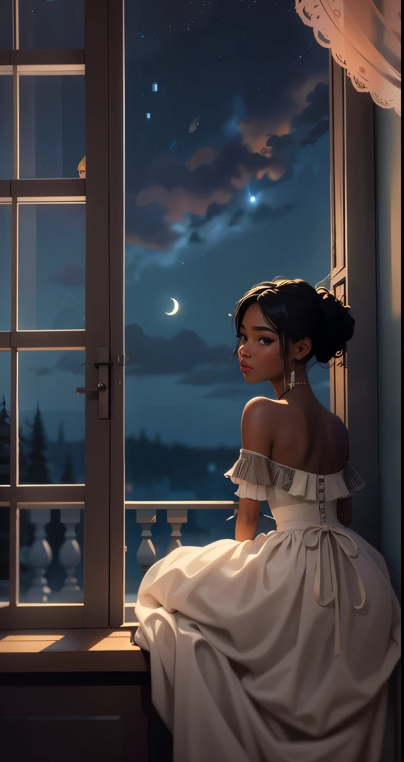 masterpiece, best quality, side profile of an extremely delicate and beautiful girl with dark skin, wearing an off the shoulder dress, resting on a windowsill, nightcore, world masterpiece theater, ultra-detailed, highly detailed, highres, extremely detailed,1girl with dark skin ,illustration, looking at the night sky, beautiful interior and exterior, impasto, canvas, oil painting, realistic, storybook style art, cozy atmosphere 