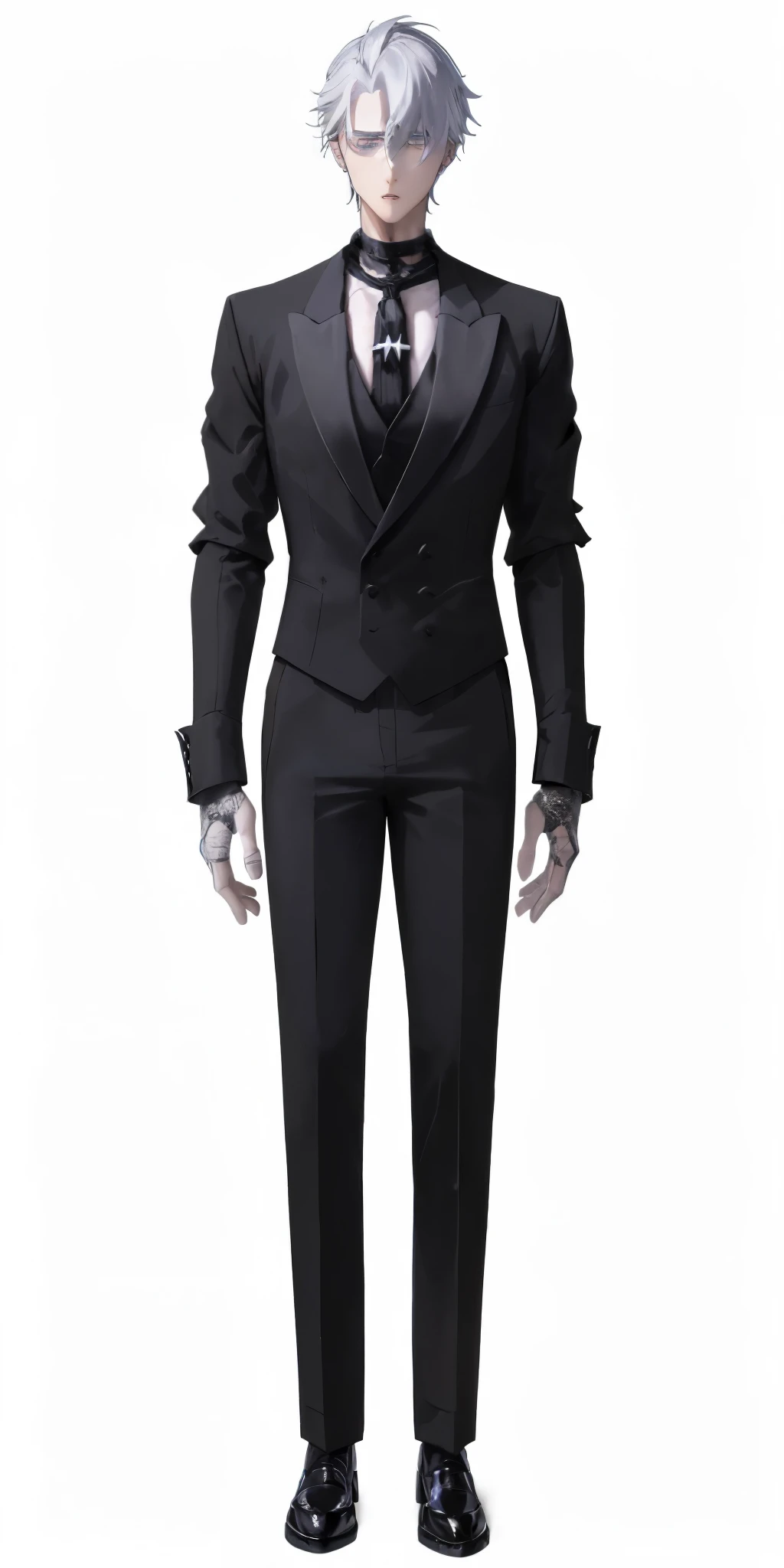 anime character dressed in black suit and tie with white hair, !!full body portrait!!, slender man, man in black suit, wearing a black suit, single character full body, dark suit, wearing black suit, in a black suit, fullbody portrait, tall anime guy with blue eyes, formal black suit. detailed, full body single character,hd quality 