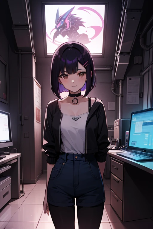 1girl, alone,  girl, (black hair), (colored inner hair, purple hair), straight hair, (bob cut), short hair, Asymmetrical hair, Bang Pin Back, hair clip, brown eyes, Calm behavior, small smile, lacks expressiveness, medium breasts, choker, white camisole, leggings, Comfortable clothes, Old-fashioned, Are standing, turn your arms behind your back, Bedroom, cyber punk, Computer, technology, Purple light, Neon poster, masterpiece, highest quality, 4K