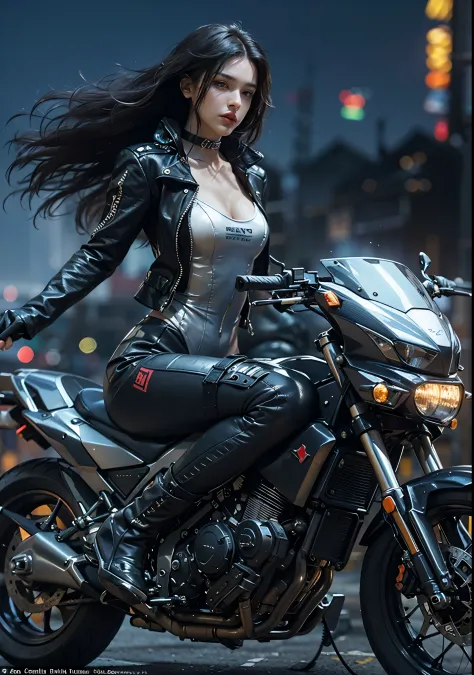 Huntress riding a high-tech motorcycle, Shoot high-tech cannons, Sparks from guns, (1 female, brown eyes, white skin, Twin-taile...