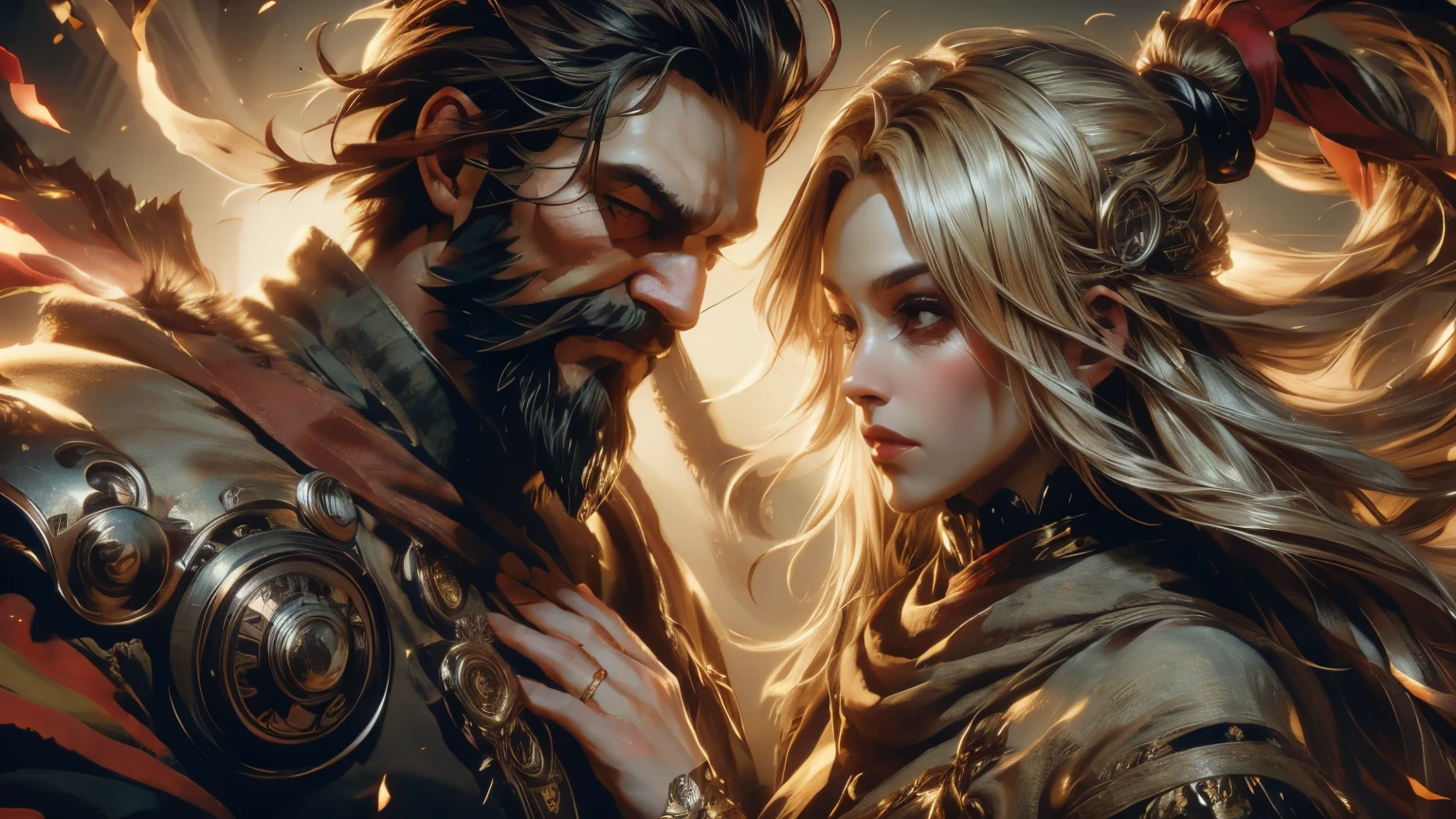 ((best quality)), (high detail), (original art), (1man), (1woman), (close up), (headshot), rugged face, 44 year old man with extremely short black hair and full thick beard, dark brown eyes, very intense gaze in his eyes, holding a woman with blond hair and brown eyes, (beautiful woman), embers of fire in the air, warrior spirit, HDR, 3D, digital art style.