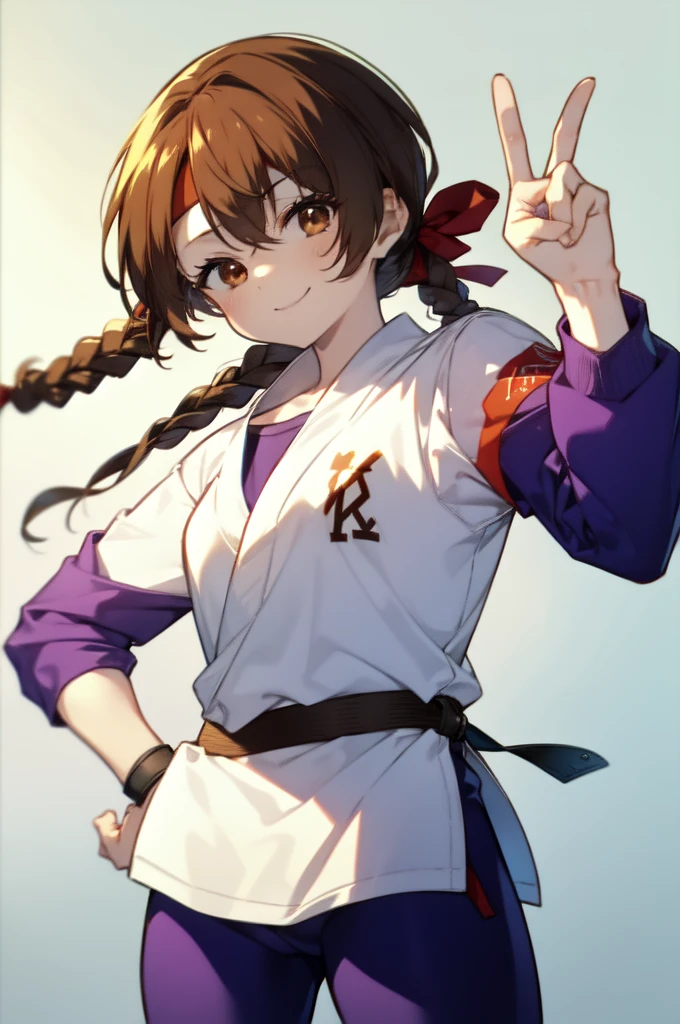 ((masterpiece:1.2, highest quality)), Yuri Sakazaki, 1 girl, braided ponytail, long hair, brown hair, brown eyes, red headband, Baseball Shirts, Baseball pants staring at the viewer, straight, mature、, The girl&#39;s left hand makes a peace sign and shows it to the viewer.,Right hand on hip,In town,Are standing,smile,mouth open,winking,Close your right eye