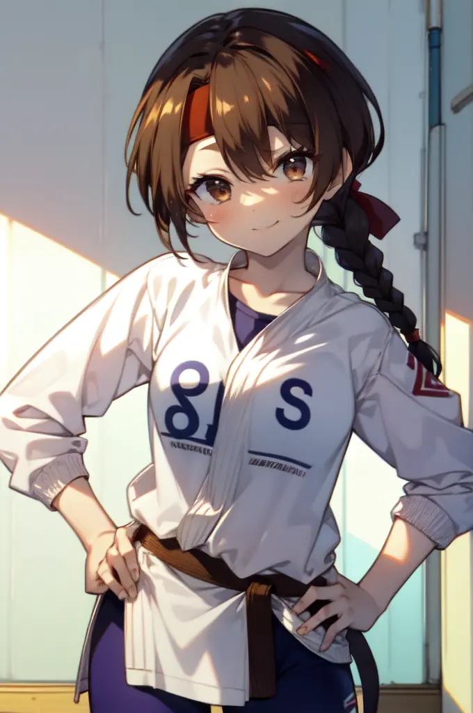 ((masterpiece:1.2, highest quality)), yuri sakazaki, 1 girl, braided ponytail, long hair, brown hair, brown eyes, red headband, ...