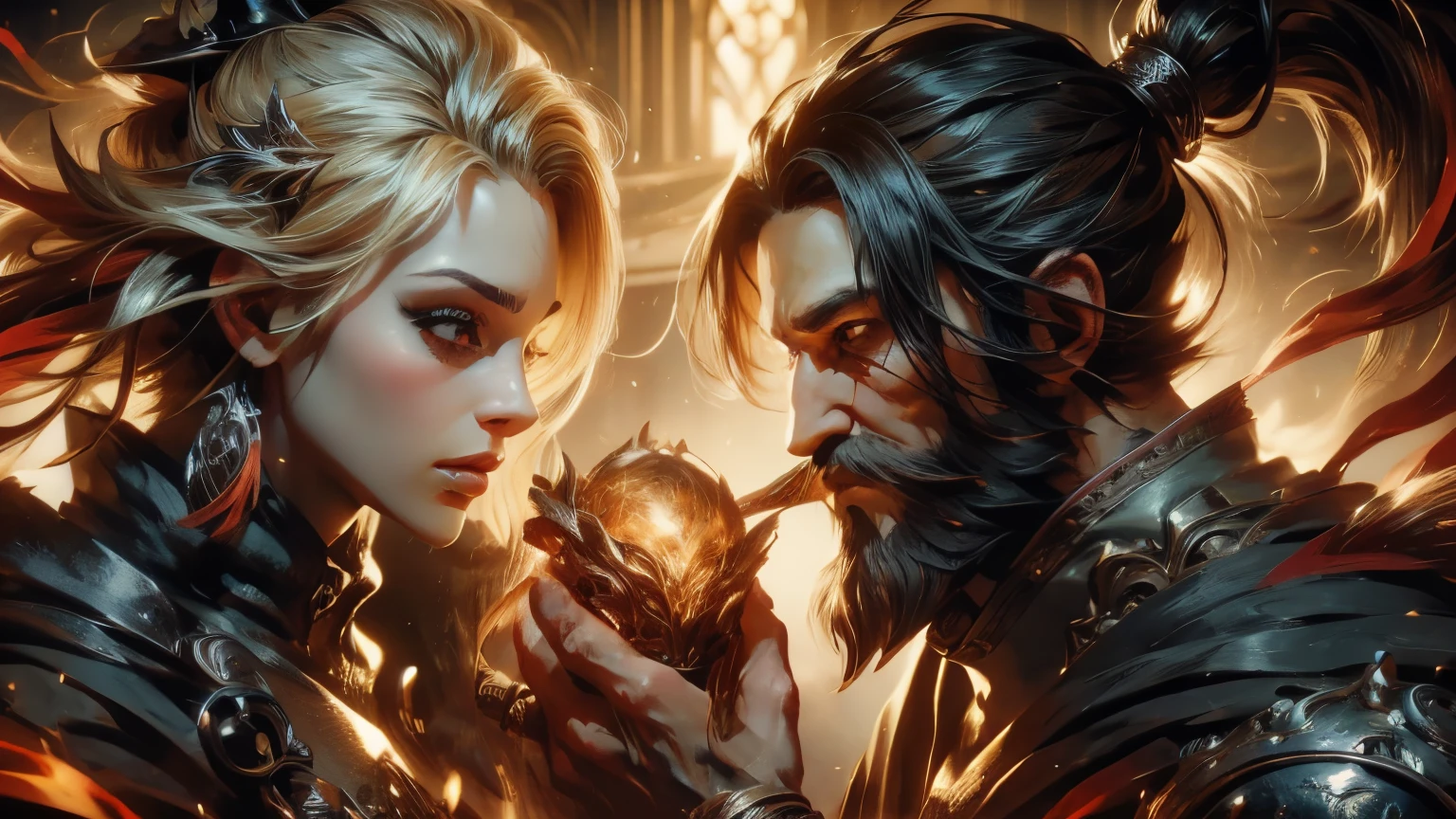 ((best quality)), (high detail), (original art), (1man), (1woman), (close up), (headshot), rugged face, 4 man with extremely short black hair and full thick beard, dark brown eyes, very intense gaze in his eyes, holding a beautiful Queen with blond hair and brown eyes, (beautiful woman),  (intense gaze), embers of fire in the air, warrior spirit, HDR, 3D, digital art style.