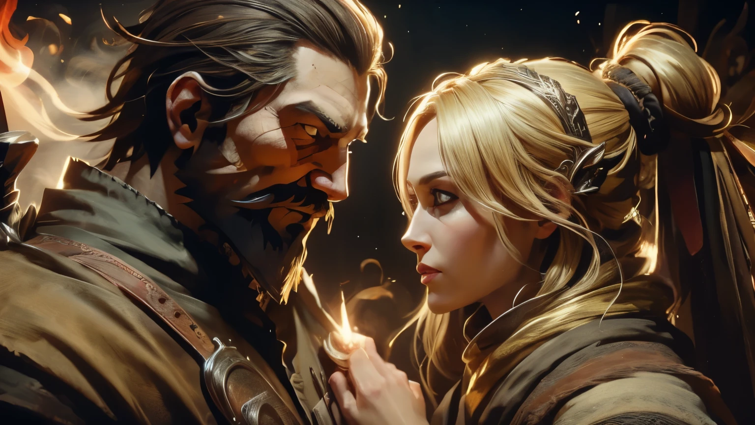 ((best quality)), (high detail), (original art), (1man), (1woman), (close up), (headshot), rugged face, 4 man with extremely short black hair and full thick beard, dark brown eyes, very intense gaze in his eyes, holding a beautiful Queen with blond hair and brown eyes, (beautiful woman), (intense gaze), embers of fire in the air, warrior spirit, HDR, 3D, digital art style.