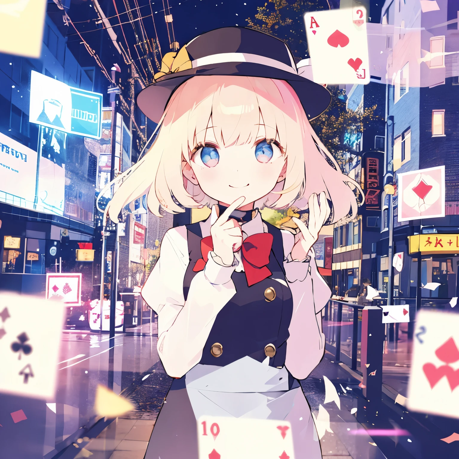 Chica haciendo magia con cartas en la calle、smoking、sombrero de seda、Desenfoque más fuerte、exposición múltiple、sonrisa
