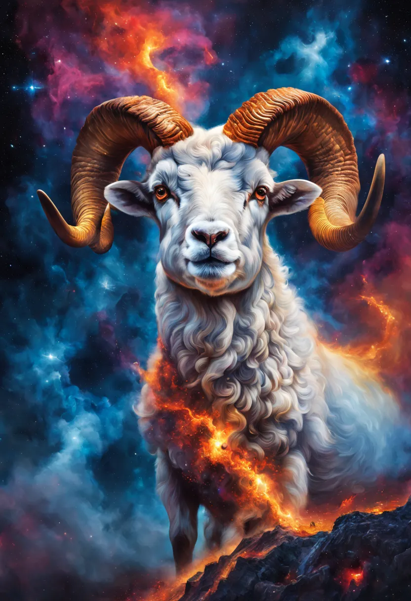 Hyper-realistic portrait of a mystical ram with fiery horns dramatically emerging from a collision of galaxies. Your eyes are ma...
