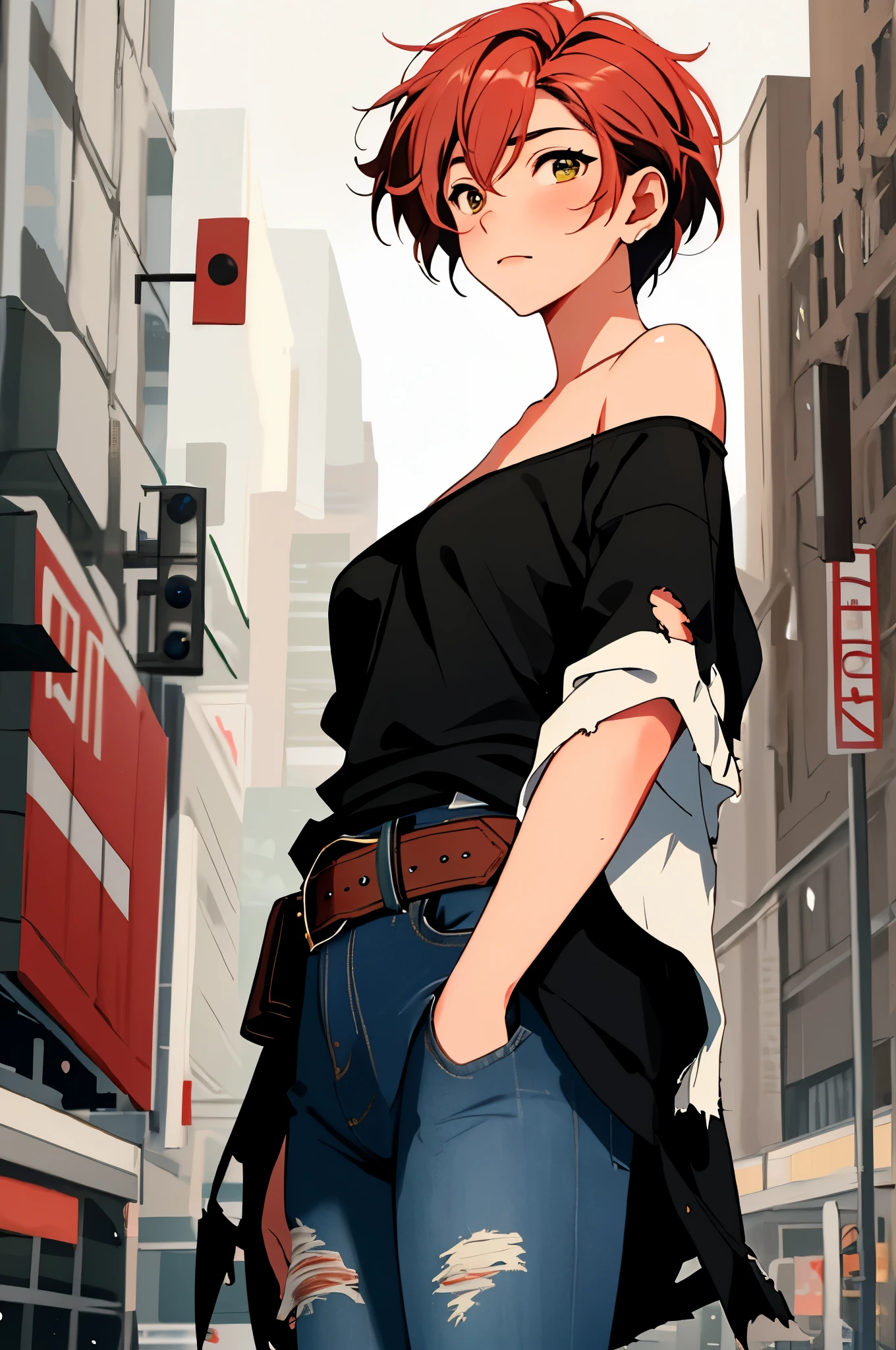 Hoshizora rin, Best Quality,(beauty), 1girl,phisically-based render ,ultra highres,(cowboy shot:1.5),narrow waist, skinny, big eyes,long legs,torn jeans,leather belt,small breasts,puffy eyes, leather belt,(rainy city), shiny skin, facing viewer, Victory posture,(midriff:0.7), sweating, flying sweat drops,torn top,off shoulder,(torn clothes:1.3)