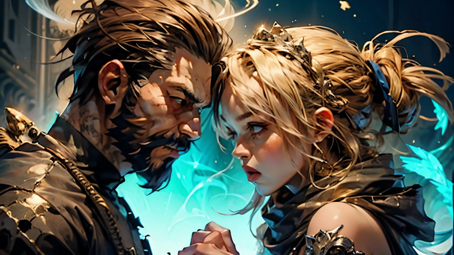 ((best quality)), (high detail), (original art), (1man), (1woman), (close up), (headshot), rugged face, 4 man with extremely short black hair and full thick beard, dark brown eyes, very intense gaze in his eyes, holding a beautiful Queen with blond hair and brown eyes, (beautiful woman), (intense gaze), embers of fire in the air, warrior spirit, HDR, 3D, digital art style.