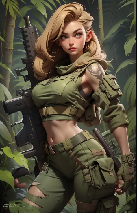 Gorgeous and fearless female soldier, fit body, military croptop, bare shoulders, dark blond hair, tattoo arm, holding big gun, ...