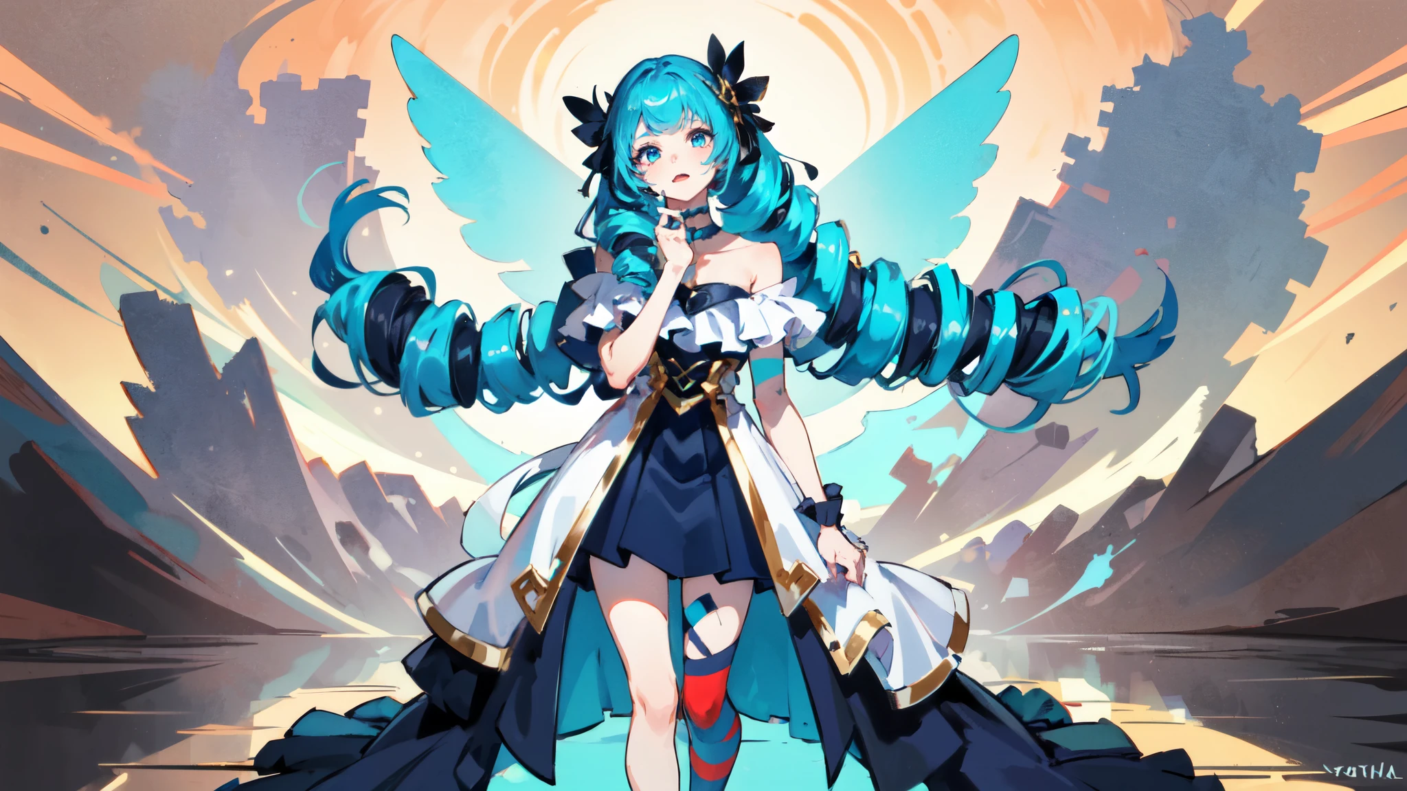 1 girl,solo, masterpiece, best quality,full-body shot，（Girl puts on clown costume:1.8），face color，（There  heavy makeup on the face:1.8），Eerily laughter，perfect lighting, Double tail, drill hair, blue hair, blue eyes, Gwen, 