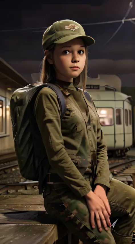 Beautiful young girl is sitting waiting at the old train station, carrying a backpack, wearing army green clothes and trucker hat, alone in a mysterious night with fog and cold, photo realistic photographic appearance, high resolution, very detailed, empty...
