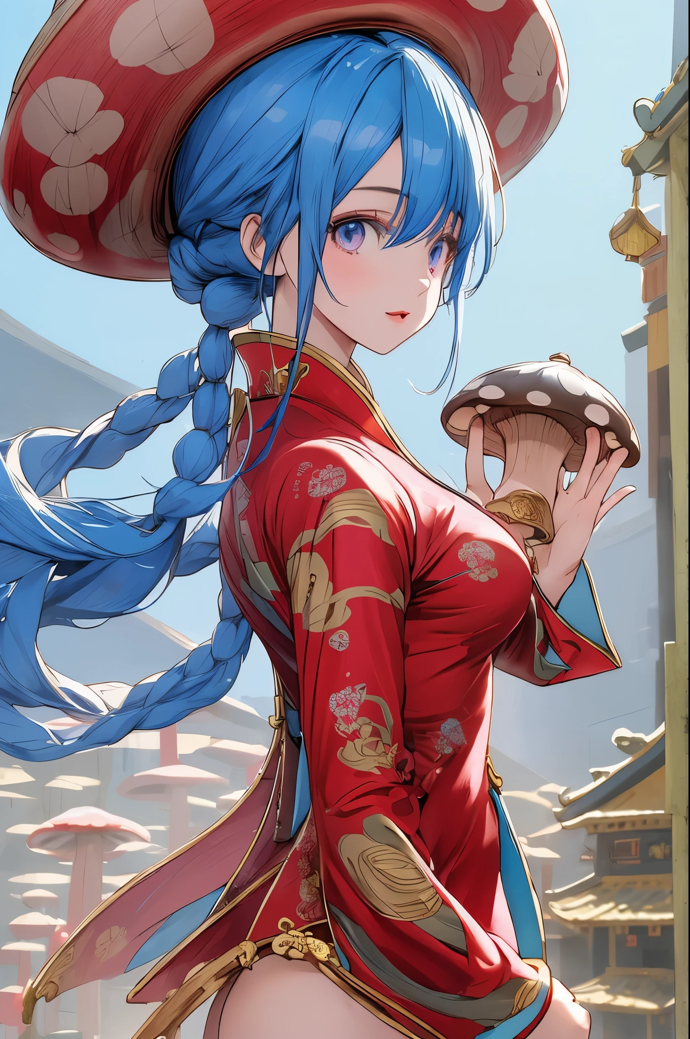masterpiece,best quality,1 girl, blue hair, pink eyes, wears mushroom hat, chinese clothes, year of the dragon, in china town