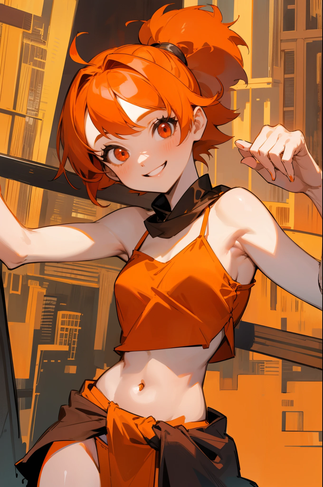 City、masterpiece、highest quality、1 girl、orange hair、ponytail、round red eyes、short hair、camisole、loincloth、smile