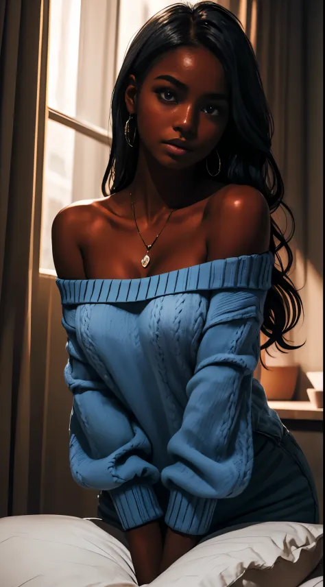 Upper body shot, ((beautiful black woman with flawless dark skin)), long hair with gradient blue glow, clearly defined facial fe...
