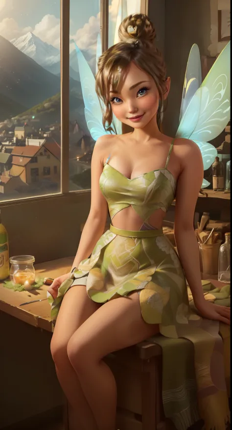 (Tinker Wife:1), smile, cute, cute pose, looking at the viewer, thick thighs, single hair bun hair, short hair, (Strapless Green Dress:1), (fairy wings), sitting, (chest focus:1.2), From above, 
(realistic:1.2), (realism), (masterpiece:1.2), (highest quali...