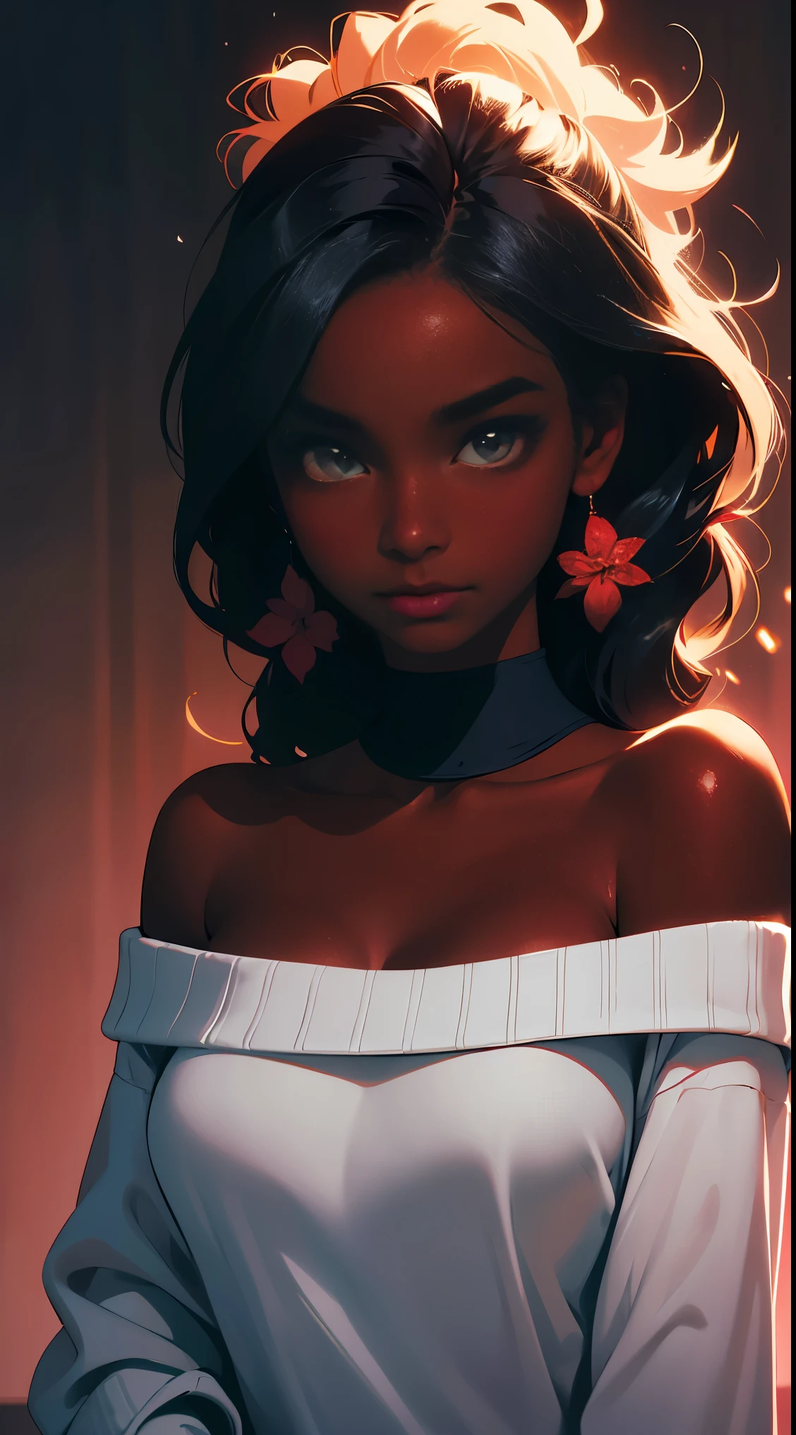 Upper body shot, ((beautiful black woman with flawless dark skin)), long hair with gradient glow, flare, electric colors, clearly defined facial features, big detailed eyes, ((( wearing an off the shoulder sweater))) glowing flowers in the background, masterpiece, best high quality image,96k, uhd, depth of field, 1080P wallpaper, spotlight, character focus, high quality, insanely detailed, UHD picture quality in the style of Amy Sol