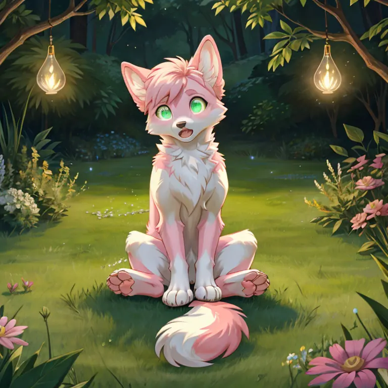 shocked feral female dog with white and pink fur and glowing green eyes sitting on a flor there  some traces of magic floating a...