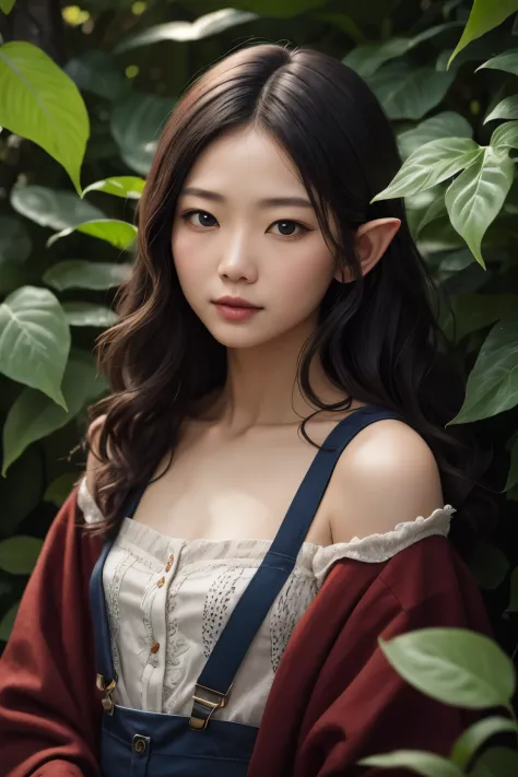 (masterpiece), best quality, expressive eyes, perfect face, A mature Elf lying in the foliage, with big black wavy hair, wearing...
