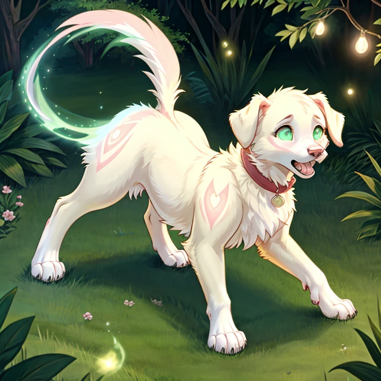 shocked feral Female retriever with White and pink fur and glowing Green eyes standing on all fours there  some traces of magic floating around her she  in a bedroom