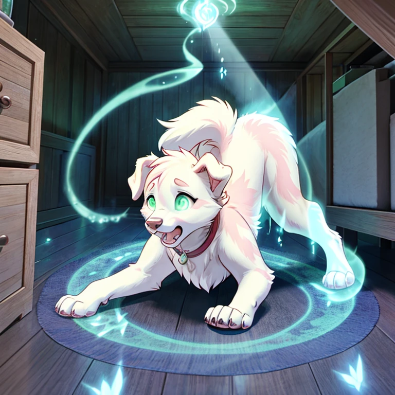 shocked and scared feral Female retriever with White and pink fur and glowing Green eyes standing on all fours there  some traces of magic floating around her she  in a bedroom