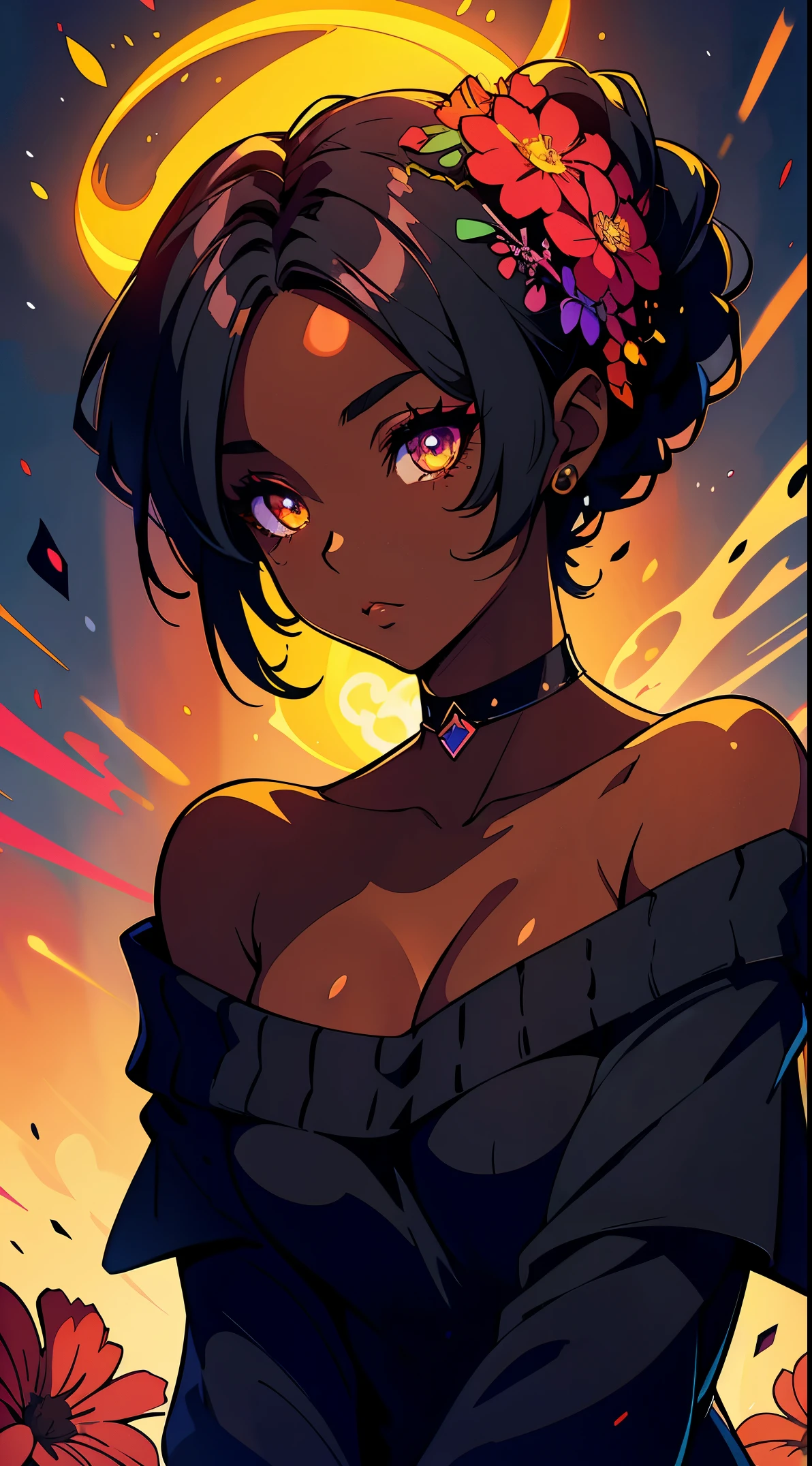 Upper body shot, ((beautiful black woman with flawless dark skin)), long hair with gradient glow, flare, electric colors, clearly defined facial features, big detailed eyes, ((( wearing an off the shoulder sweater))) glowing flowers in the background, masterpiece, best high quality image,96k, uhd, depth of field, 1080P wallpaper, spotlight, character focus, high quality, insanely detailed, UHD picture quality in the style of Amy Sol