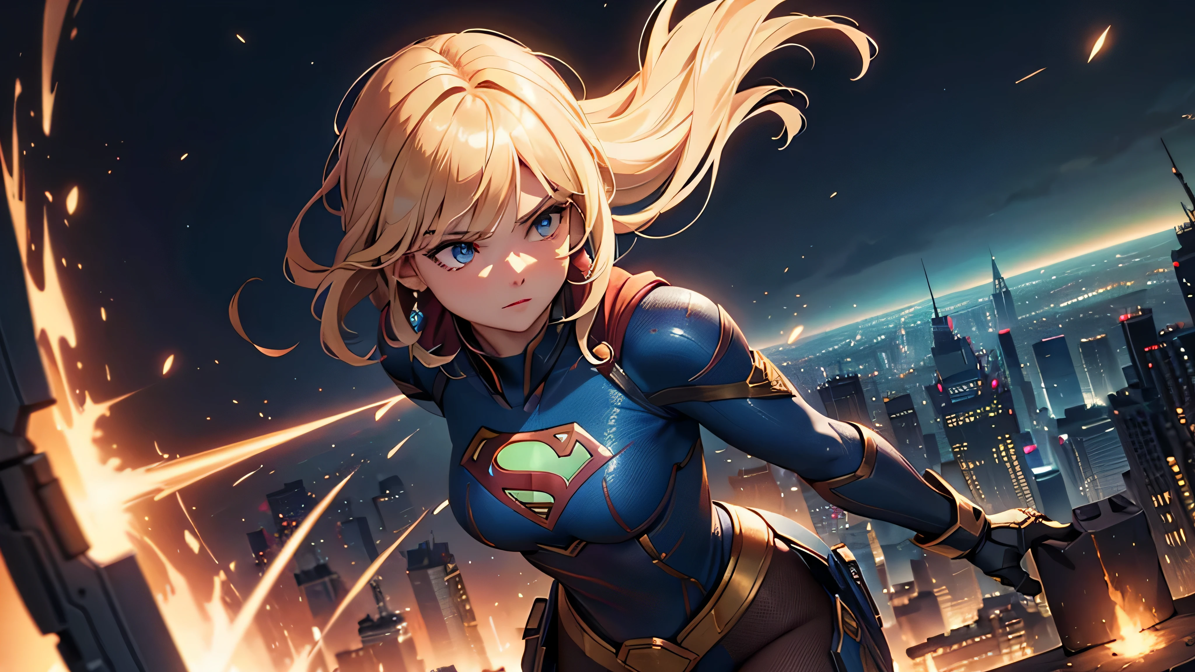 Supergirl, above the city, preparing for battle, detailed artistic photography, beautiful detailed face, dreamy, glowing, backlit, glamour, glow, shadows, oil on canvas, brush strokes, soft, ultra high definition, 8k, unreal engine 5, ultra focus sharp, artgerm, loish, sf, intricate art masterpiece, menacing, matte paint movie poster, golden ratio, trends in cgsociety, intricate, epic, highly detailed, vibrant, production cinematic character rendering, quality model ultra high  