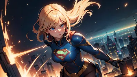 Supergirl, above the city, preparing for battle, detailed artistic photography, beautiful detailed face, dreamy, glowing, backli...