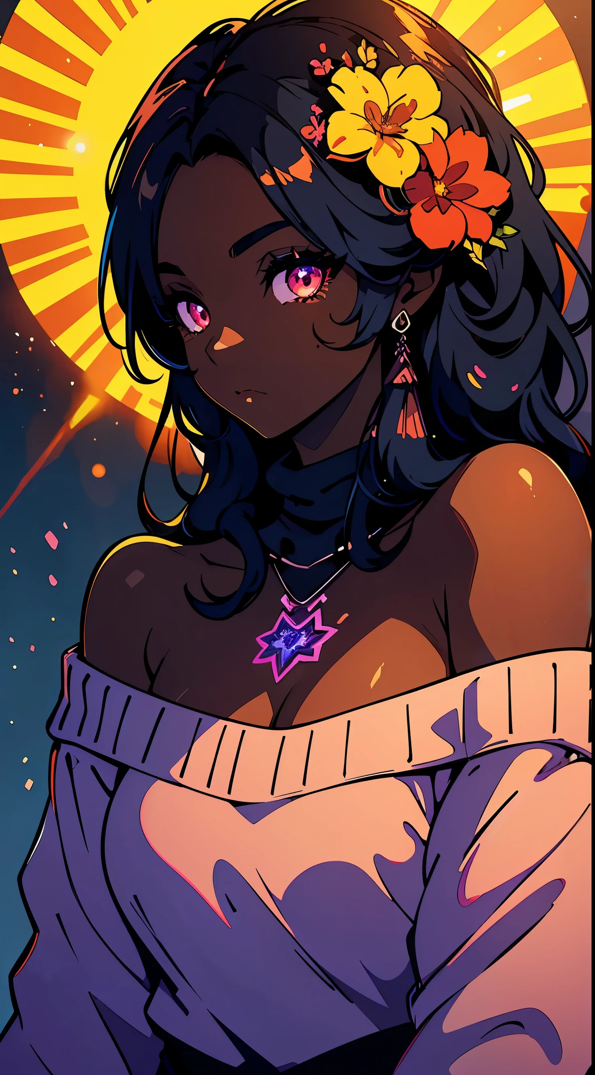 Upper body shot, ((beautiful black woman with flawless dark skin)), long hair with gradient glow, flare, electric colors, clearly defined facial features, big detailed eyes, ((( wearing an off the shoulder sweater))) glowing flowers in the background, masterpiece, best high quality image,96k, uhd, depth of field, 1080P wallpaper, spotlight, character focus, high quality, insanely detailed, UHD picture quality in the style of Amy Sol