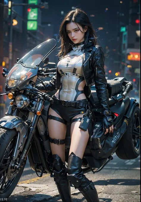 Huntress riding a high-tech motorcycle, Shoot high-tech artillery, Sparks from the gun, (1 female, brown eyes, white skin, Twin-...