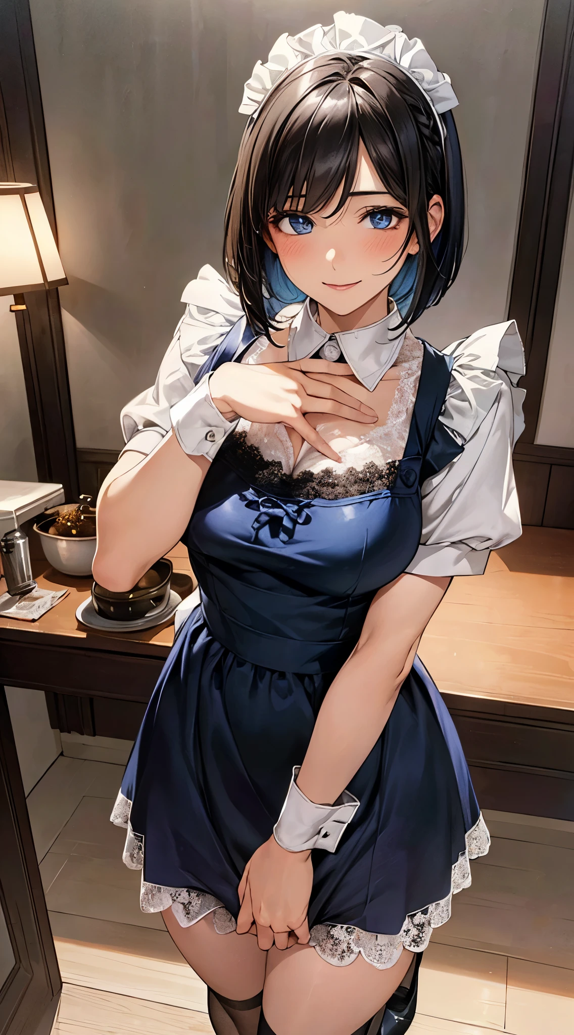 Anime girl in maid outfit posing for camera with her hands on her chest ...