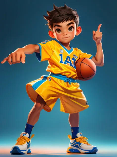 open full pose, front facing head pose, portrait, 10 year old boy, wearing basketball jersey, pointing finger up, realistic, ult...