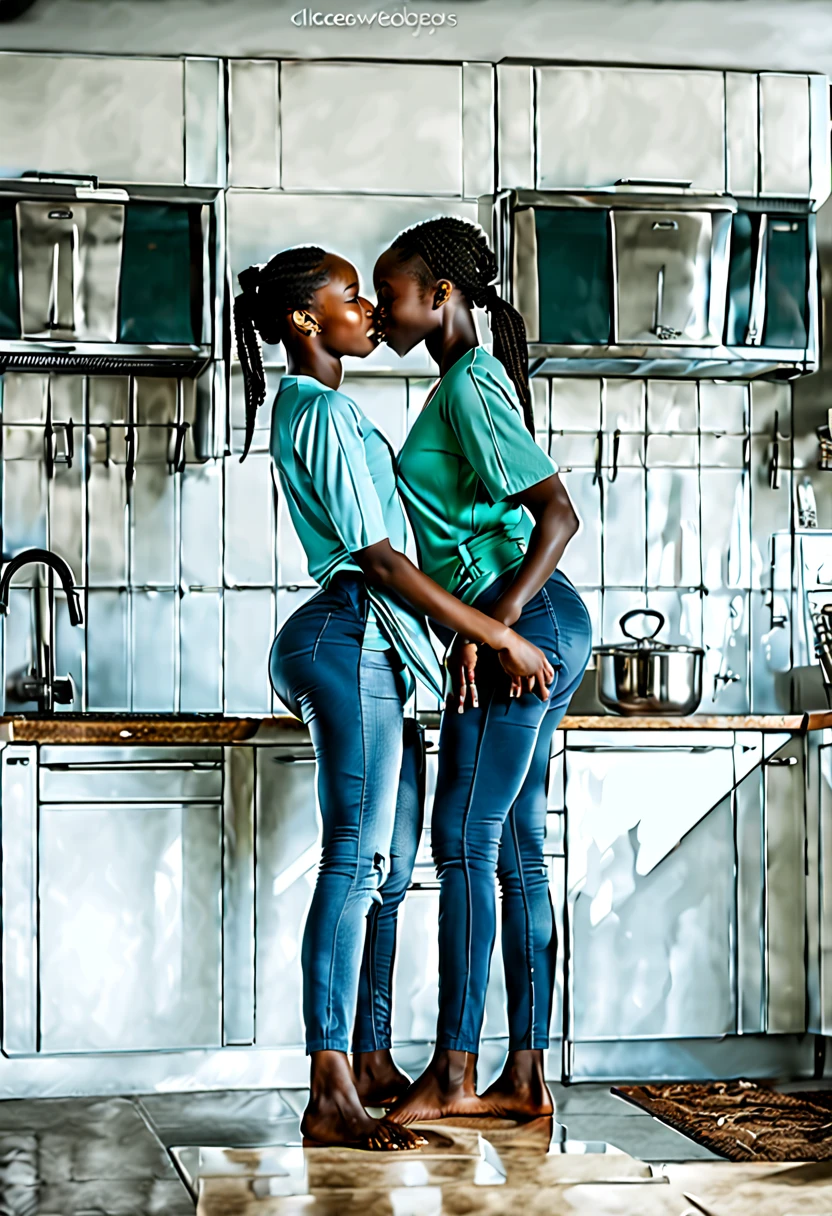 Two african girls in a large kitchen, one standing with hands on the wall, one squat kissing her lower back, smiling,  from below, from behind, masterpiece, 16k