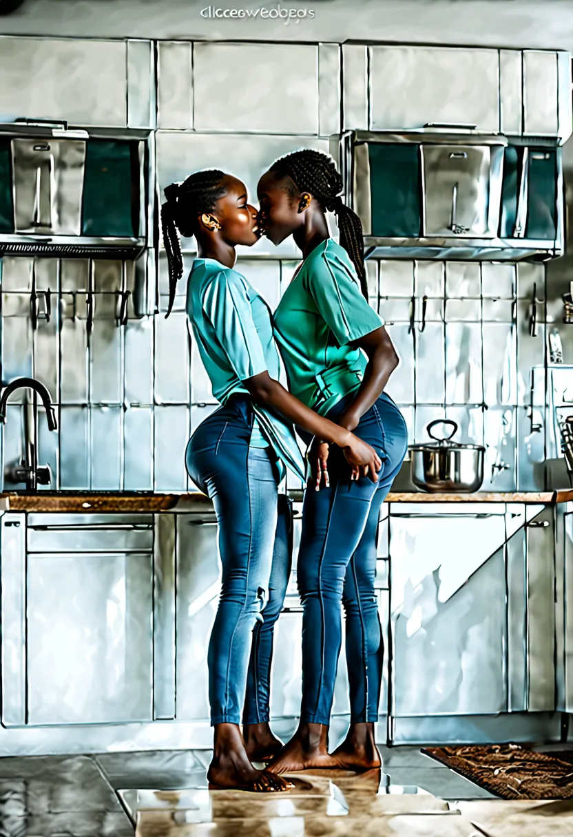 Two african girls in a large kitchen, one standing with hands on the wall, one squat kissing her lower back, smiling,  from belo...
