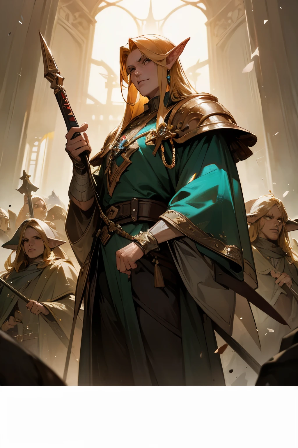 "Generate an artwork inspired by the Warhammer Fantasy universe, depicting an elven character. The elf should be male, aged 96, standing at 174 cm, possessing emerald eyes, and adorned with golden blond hair. Equip the character with a sword in one hand and a hand-held dwarf pistol in the other. Immerse the scene in the distinct stylistic elements of the Warhammer Fantasy universe, capturing the dark and gritty ambiance characteristic of this fantasy realm