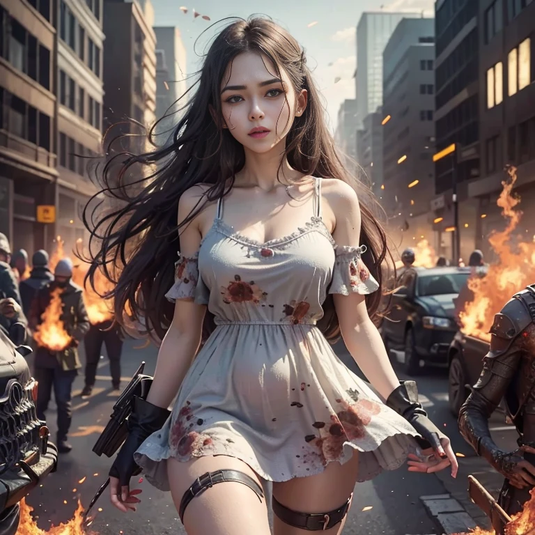 sunny mid day，8K clarity，Cinematic light and shadow，one girl,looking camera,look tired, She wore summer dress, destroye dress,that reveal underwear，Run away ,au second plan,  There  a large group of zombies chasing her, on back ground Flames and general destructionof of city