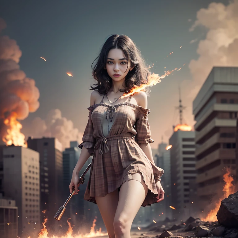 sunny mid day，8K clarity，Cinematic light and shadow，one girl,looking camera,look tired, She wore summer dress, destroye dress,that reveal underwear，Run away ,au second plan,  There  a large group of zombies chasing her, on back ground Flames and general destructionof of city